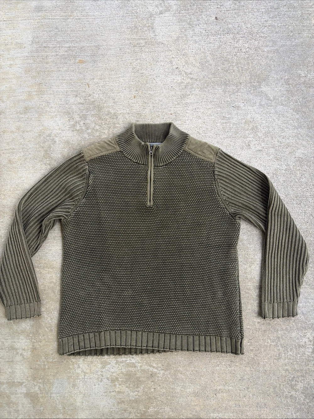 Carbon2cobalt Sweater Men XL Olive Green 1/4 Zip Cable Knit Fisherman Distressed